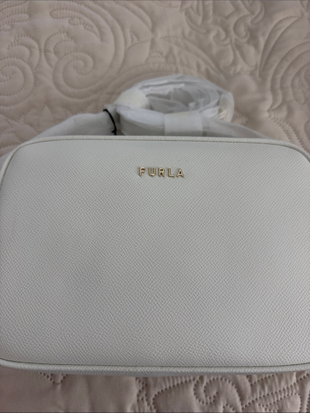 Furla Ivory Textured Leather Camera Crossbody with Gold Logo